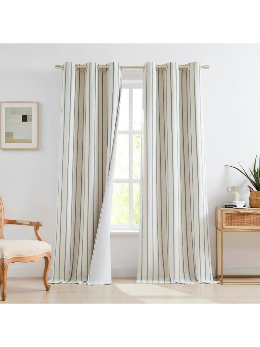 Dusty Blue Striped Blackout Curtain Panels - 84" Length, Light Blocking Drapes